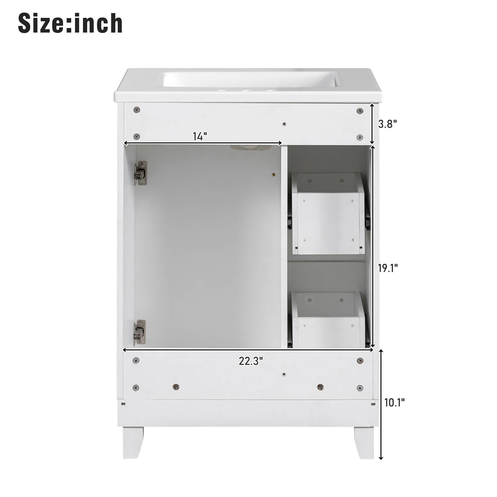 Detail of the back dimensions of a 24 inch small white bathroom vanity with 2 drawers