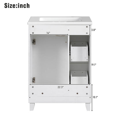 Detail of the back dimensions of a 24 inch small white bathroom vanity with 2 drawers