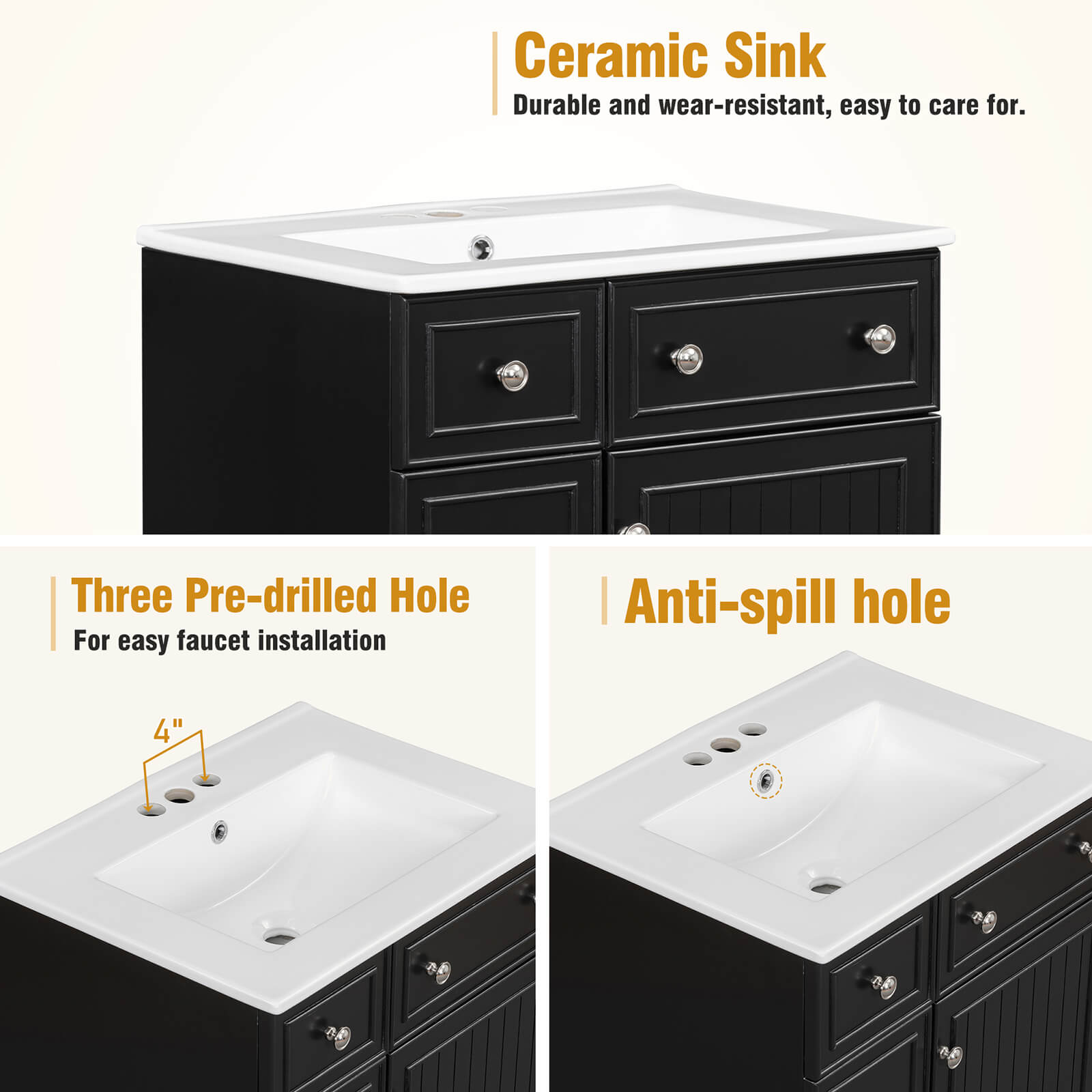 Detail of the spacing of the top sink holes in a 24 inch small black bathroom vanity with 2 drawers