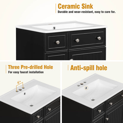 Detail of the spacing of the top sink holes in a 24 inch small black bathroom vanity with 2 drawers