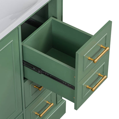 Detail of top drawer of 36 inch traditional green bathroom vanity with resin sink
