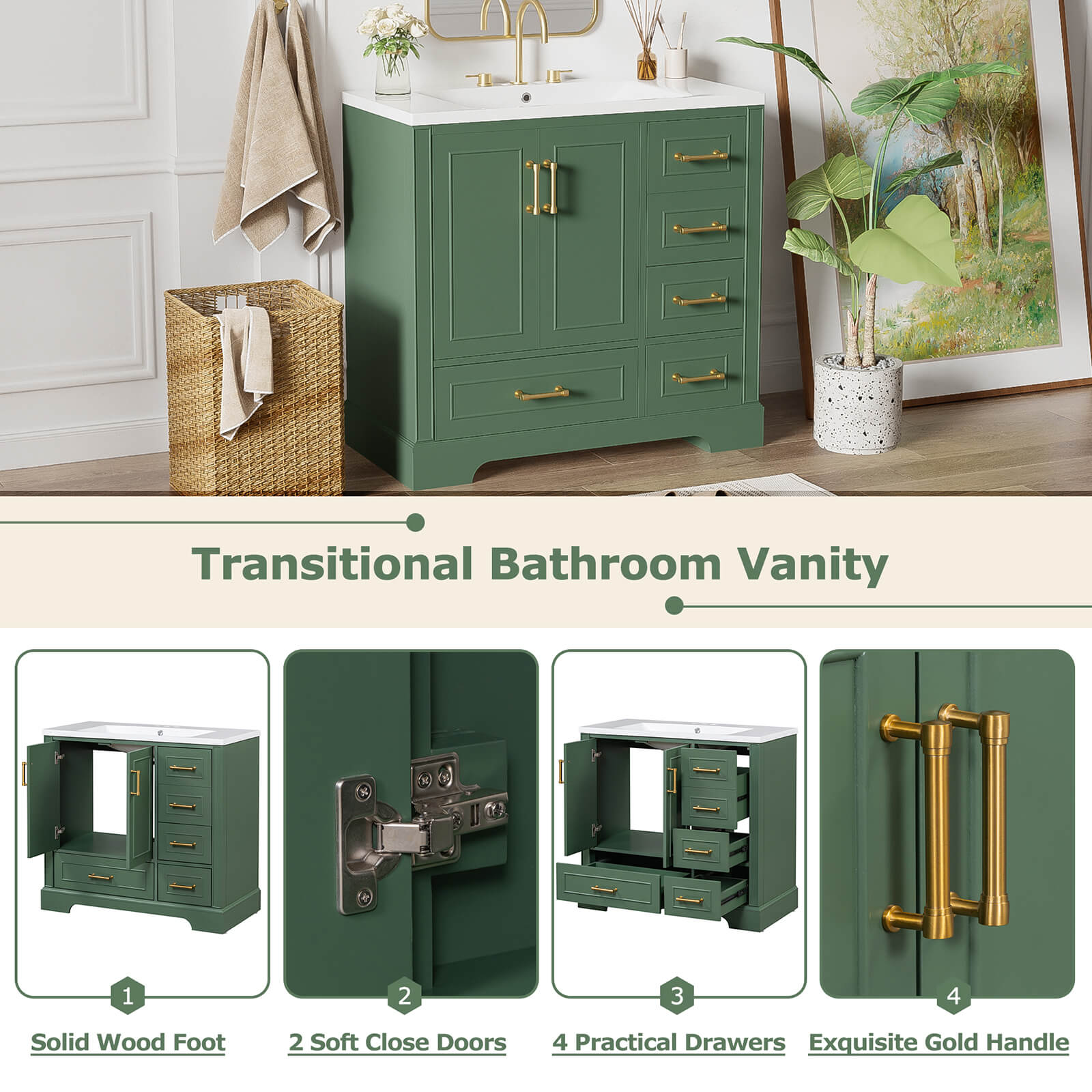 Detail of various parts of 36 inch traditional green bathroom vanity with resin sink