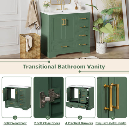 Detail of various parts of 36 inch traditional green bathroom vanity with resin sink
