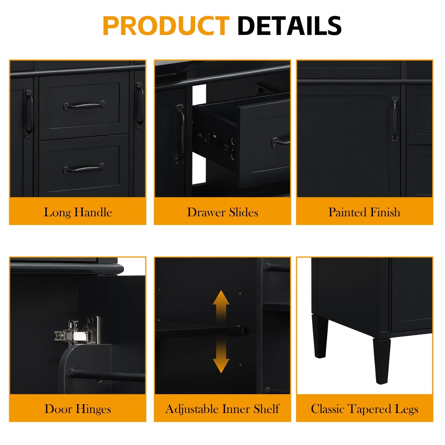 Detailed Product Features showing Drawer Slides Painted Finish and Inner Adjustable Shelf