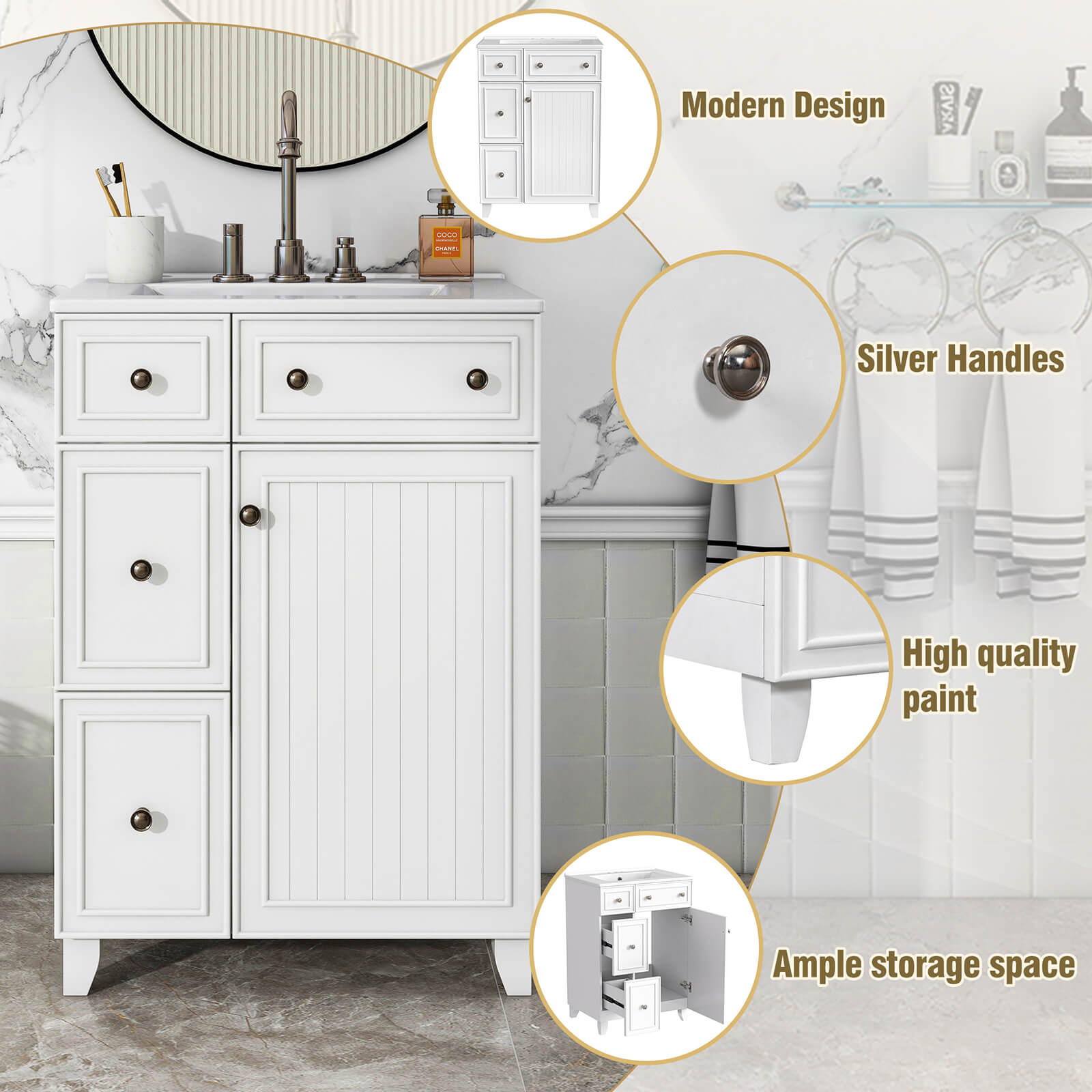 Detailed illustration of the components of a 24 inch small white bathroom vanity with 2 drawers