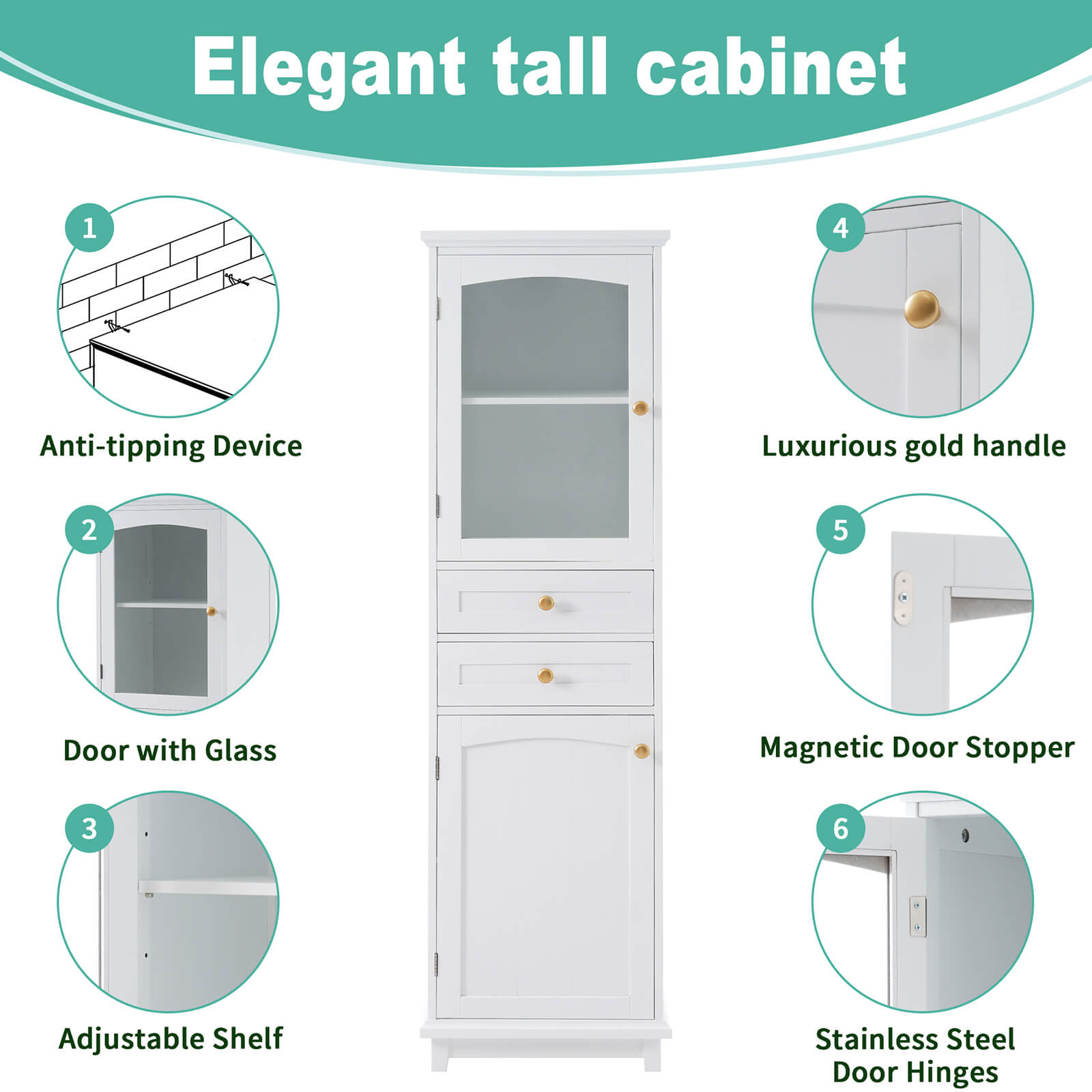 Detailing of the 63 inch tall white freestanding linen cabinet