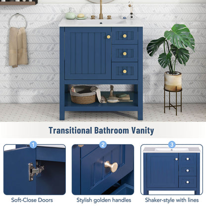 Details of a 30 inch navy blue freestanding bathroom vanity with open shelves