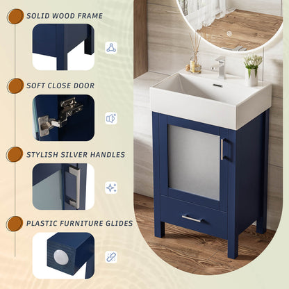Details of the 20 inch blue dresser with frosted glass door