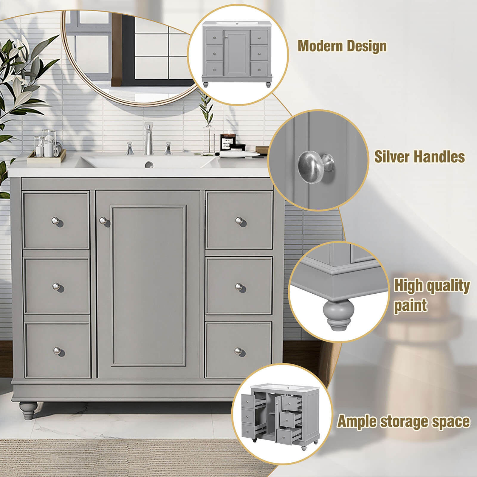 Details of the 36-inch grey bathroom vanity with hairdryer storage rack