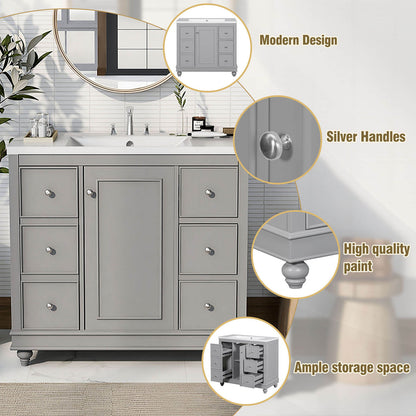 Details of the 36-inch grey bathroom vanity with hairdryer storage rack