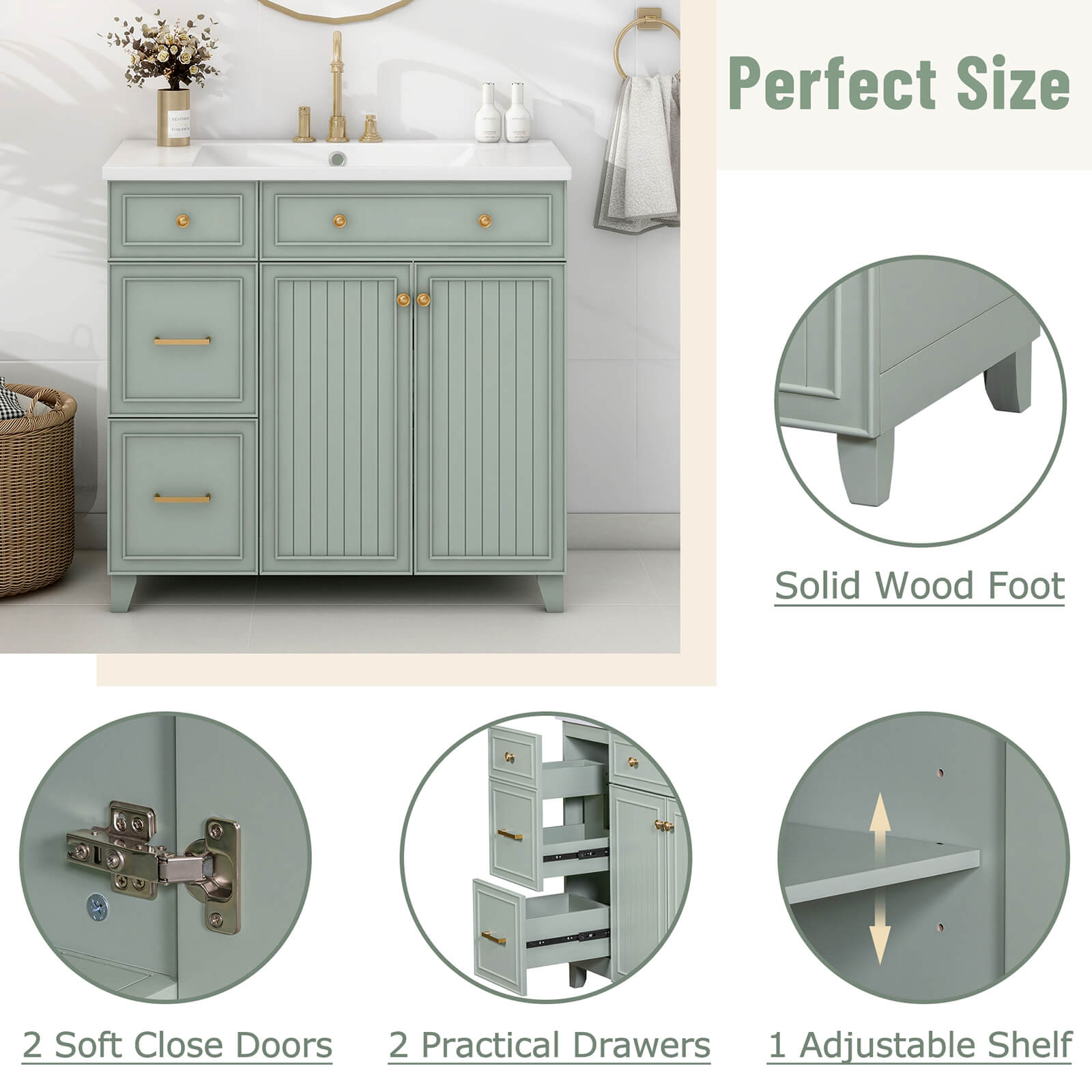 Details of various parts of the 36-inch light gray green bathroom vanity with adjustable shelves