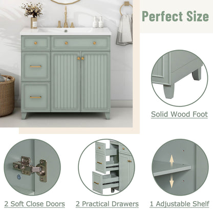 Details of various parts of the 36-inch light gray green bathroom vanity with adjustable shelves
