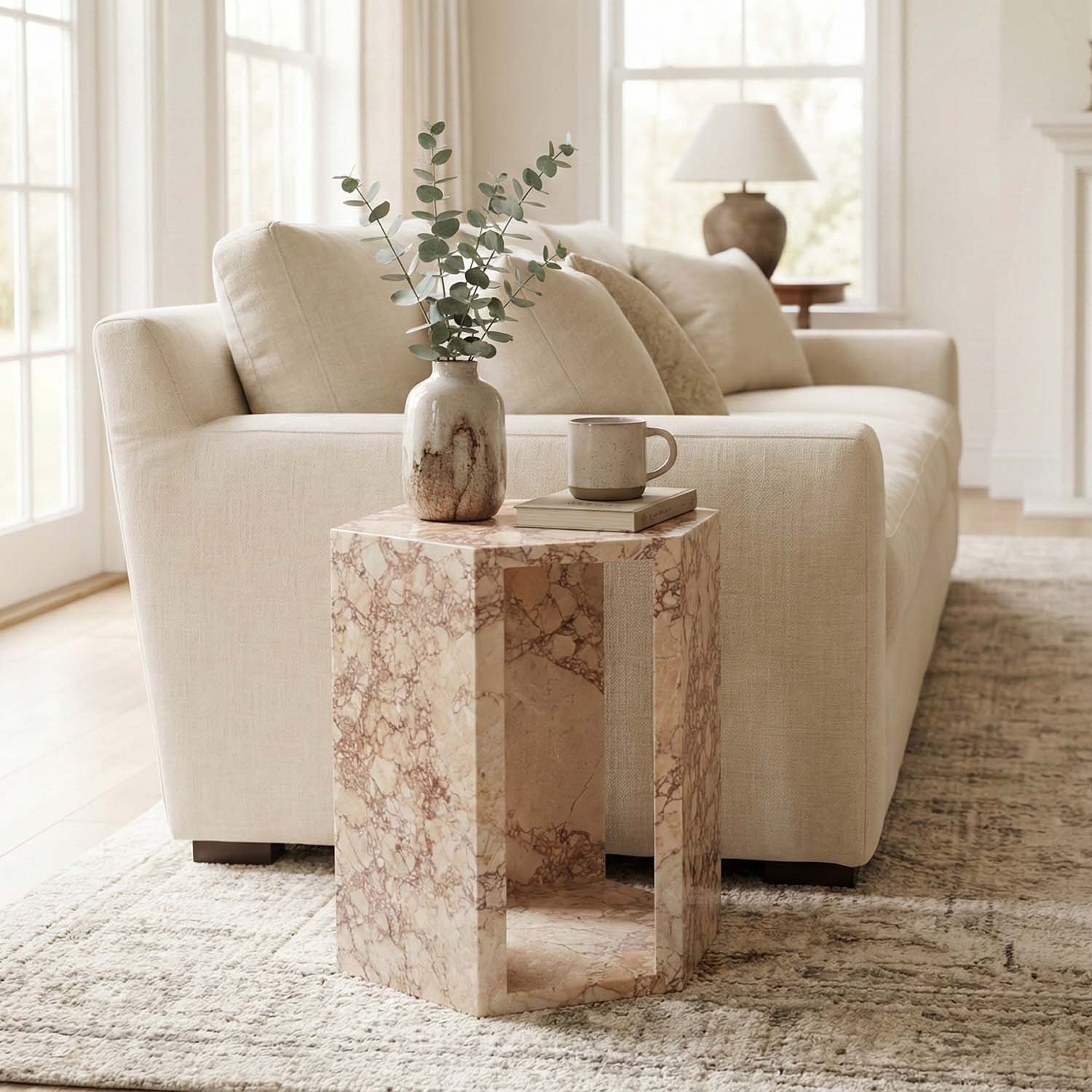 Luxury Real Marble Pink Side Table Hexagon Shape End Table for Living Room, Bedroom &amp; Small Spaces