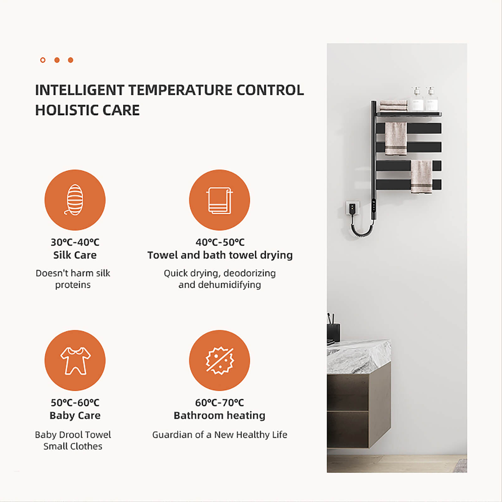 Different temperature controls of white smart towel warmer with timer function