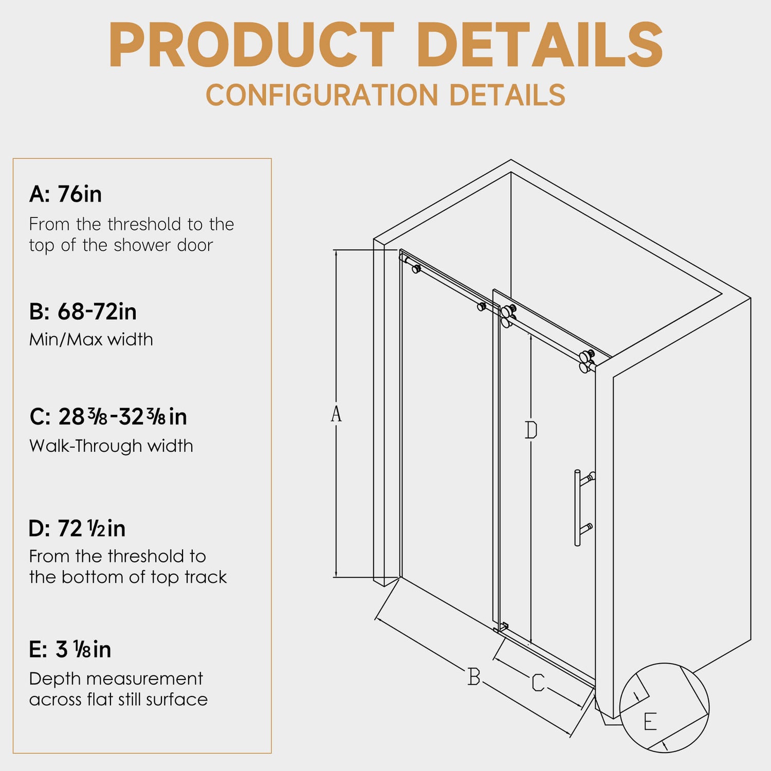 Dimension Specification Sheet for 68-72 x 76 inch Brushed Nickel Frameless Sliding Shower Door