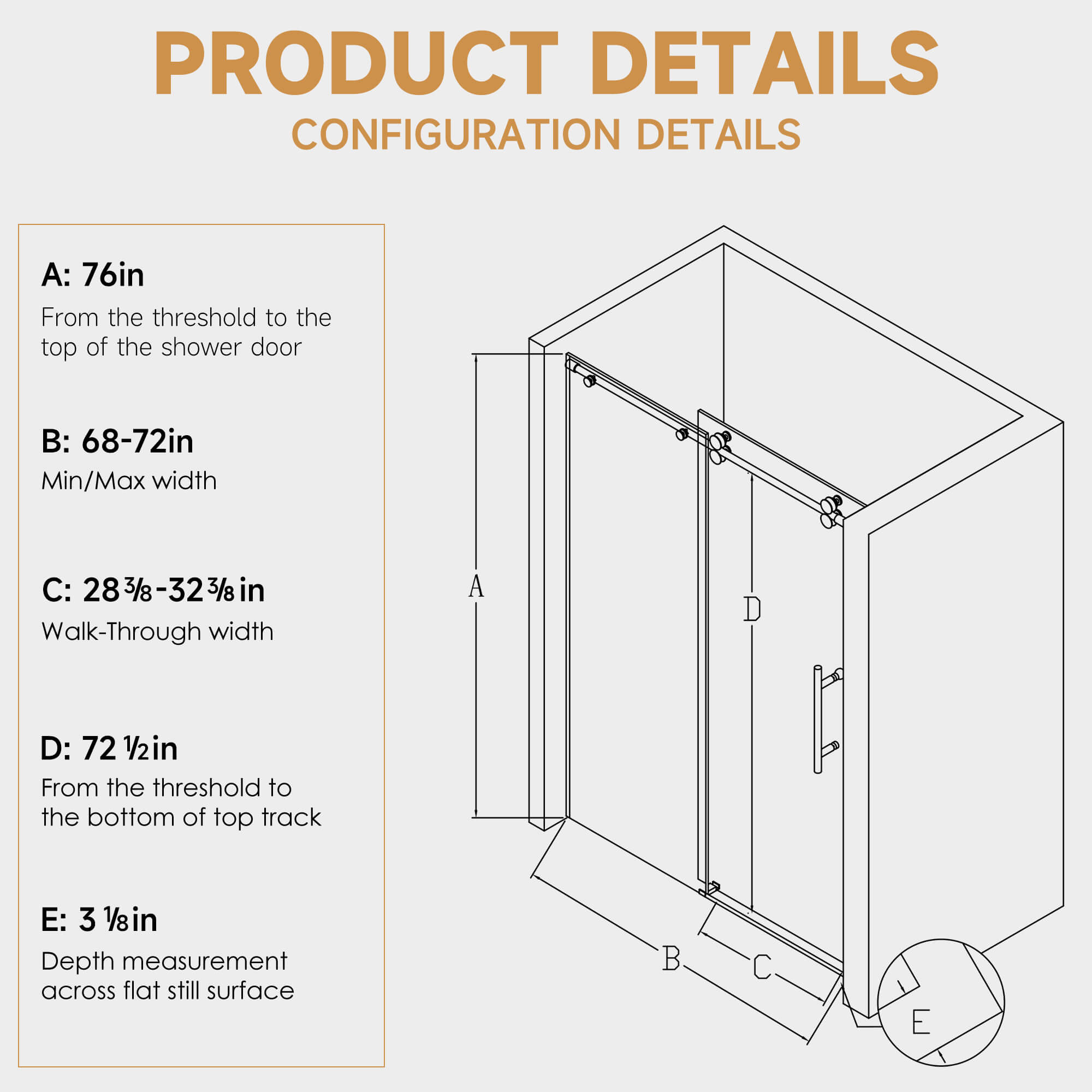 Dimension Specification Sheet for 68-72 x 76 inch Brushed Nickel Frameless Sliding Shower Door