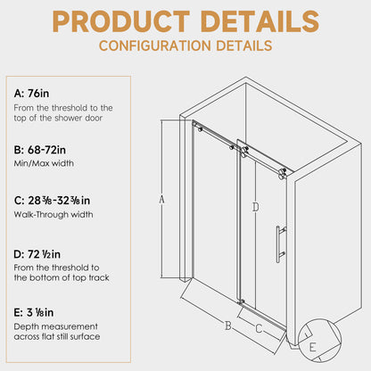 Dimension Specification Sheet for 68-72 x 76 inch Brushed Nickel Frameless Sliding Shower Door
