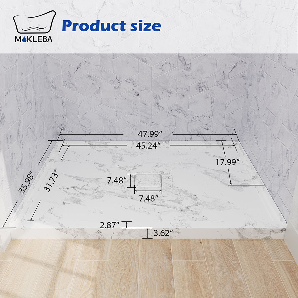 Dimension diagram showing 48" x 36" measurements for rectangular acrylic shower base