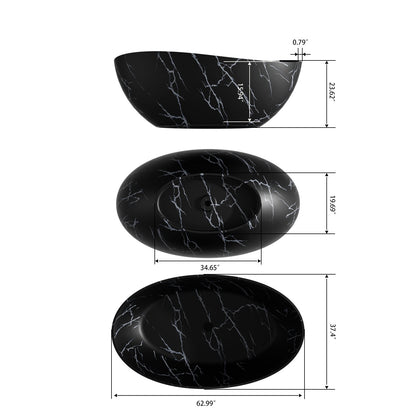 Dimension view 63 inch black freestanding soaking tub