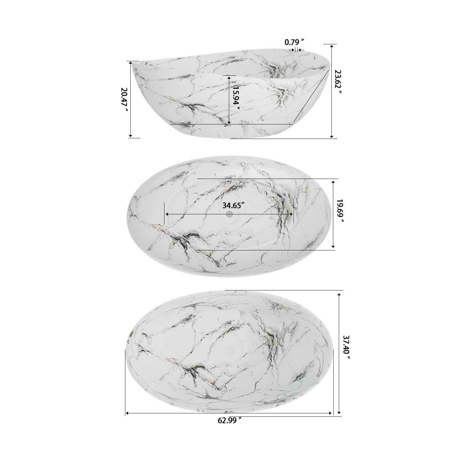 Dimension view 63 inch white freestanding soaking bathtub