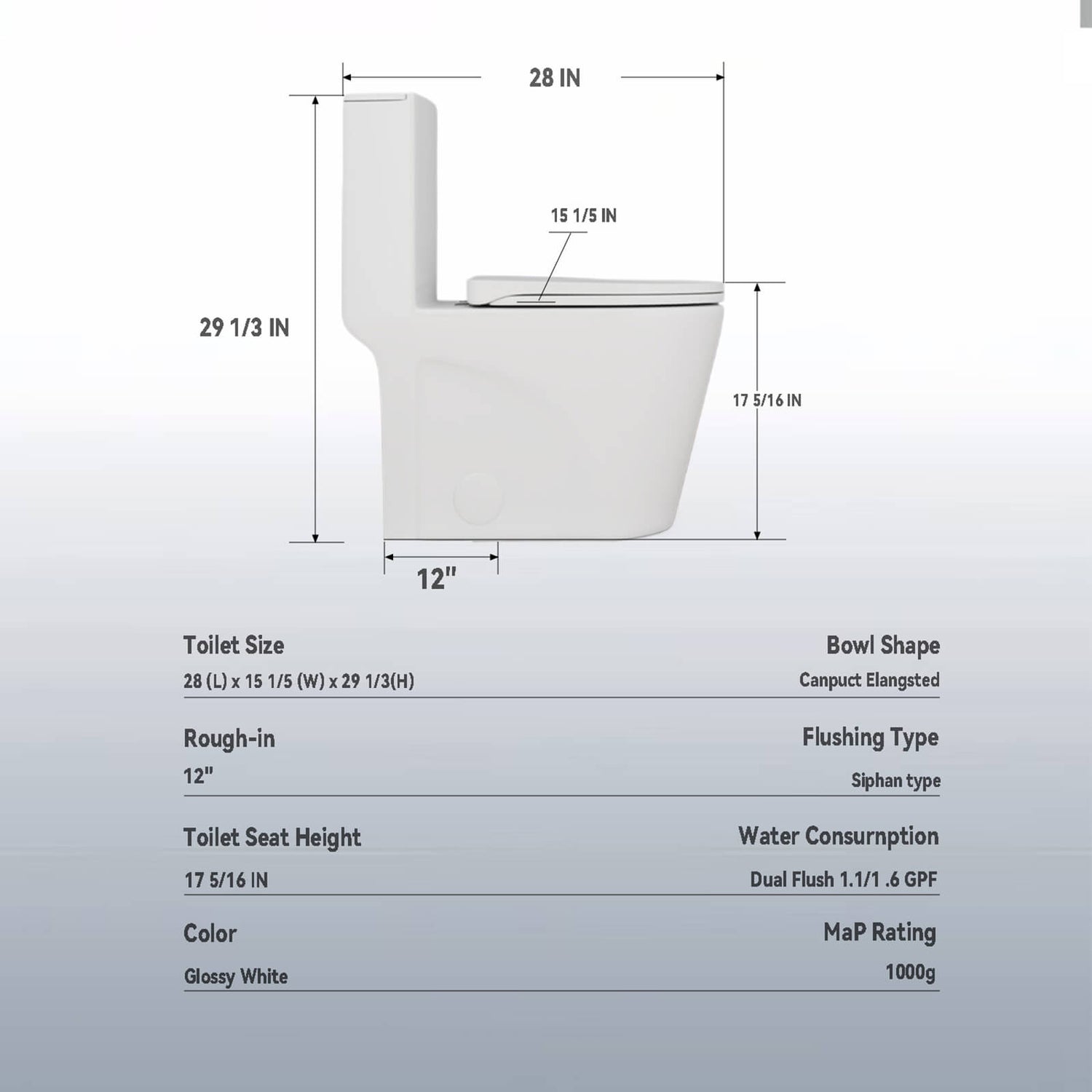 Dimensional specifications of toilet W3192GTS00001