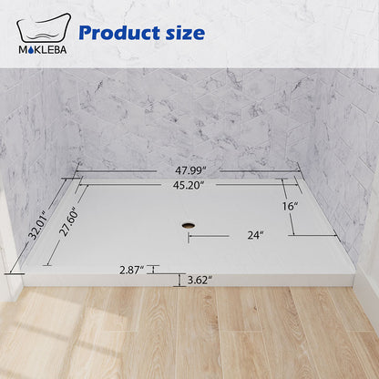 Dimensional diagram of 48x32 inch white shower base with center drain