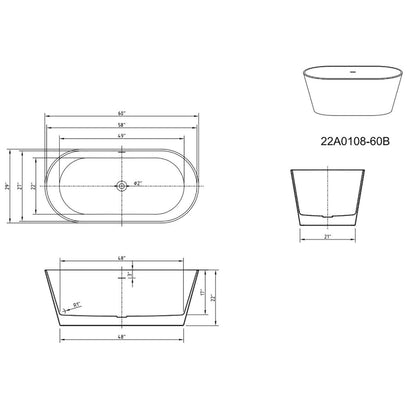 Dimensional outline of 60 inch White Black Acrylic Freestanding Tub