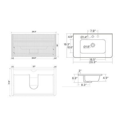 Dimensional sketch of a 30 inch floating oak bathroom vanity with integrated sink
