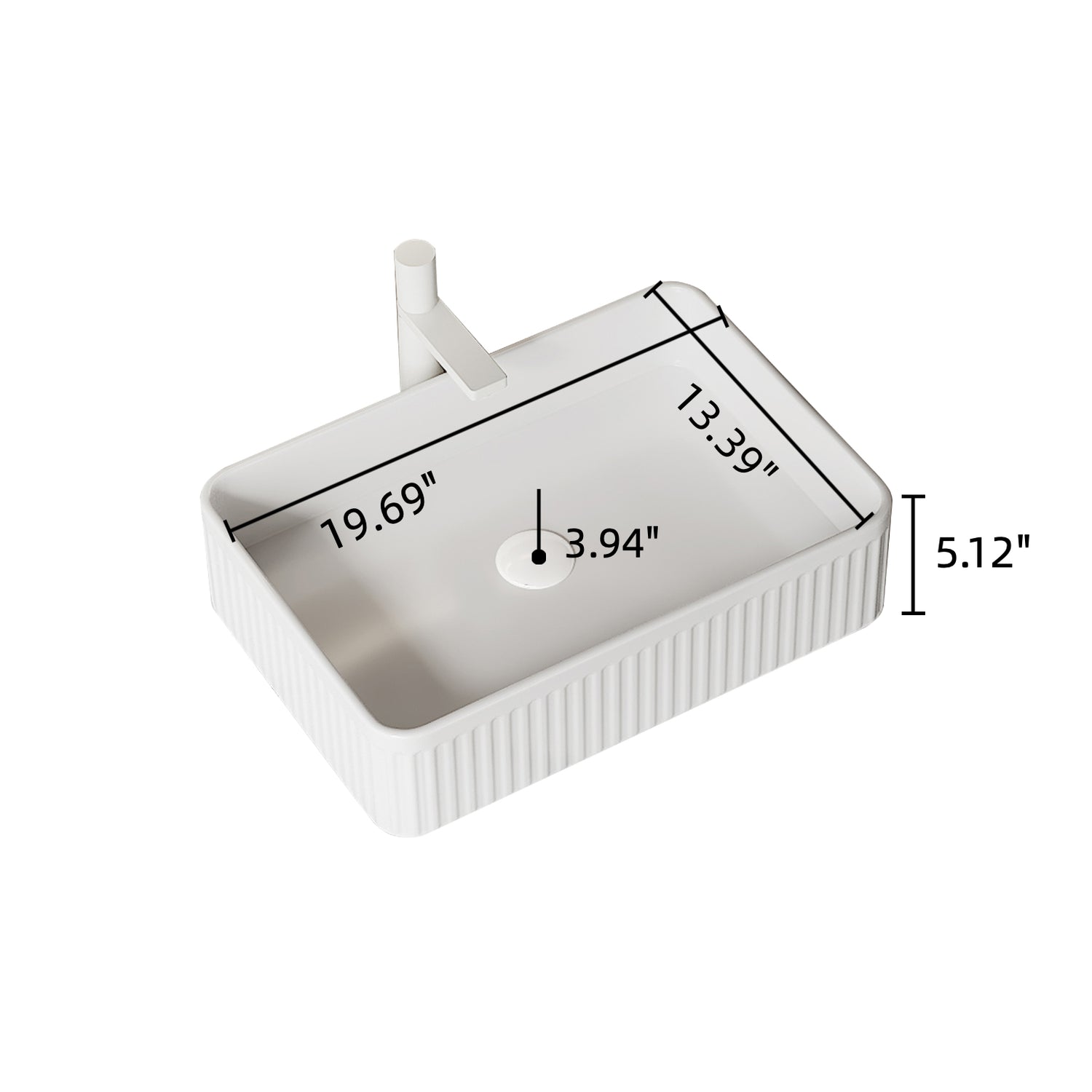 Dimension diagram of white rectangular ceramic above countersink