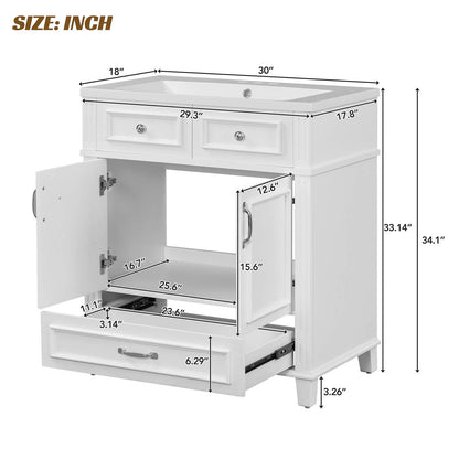 Dimensions Specifications for 30 Inch White Single Sink Bathroom Vanity with Bottom Drawer