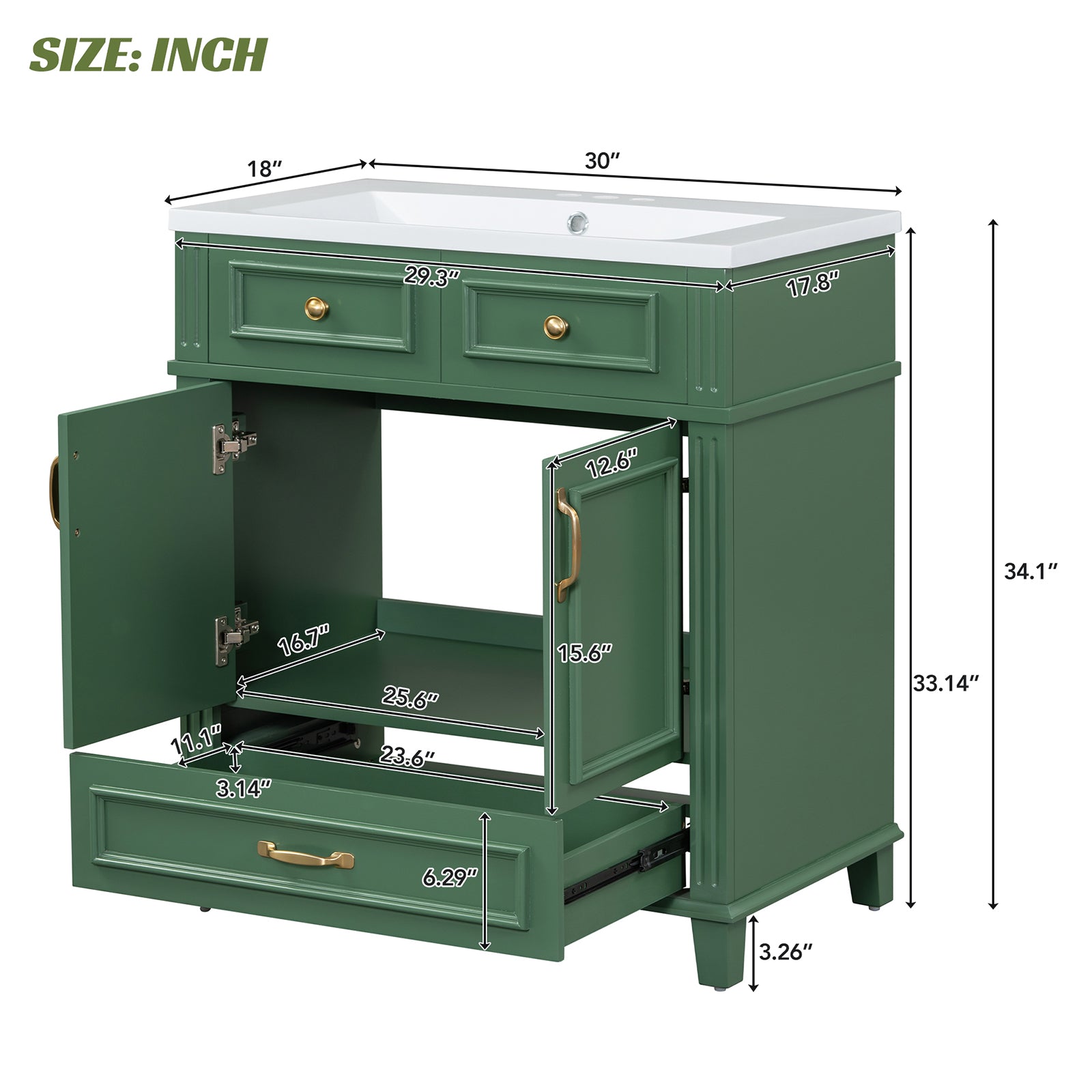 Dimensions and specifications for a 30 inch green single sink bathroom vanity with bottom drawer