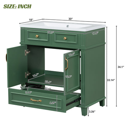 Dimensions and specifications for a 30 inch green single sink bathroom vanity with bottom drawer