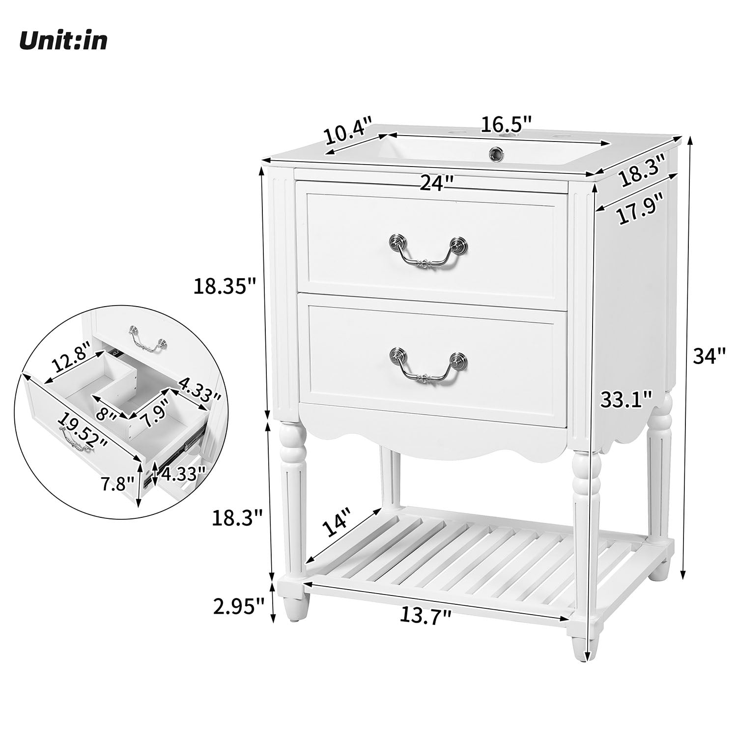 24 inch white bathroom vanity dimensions