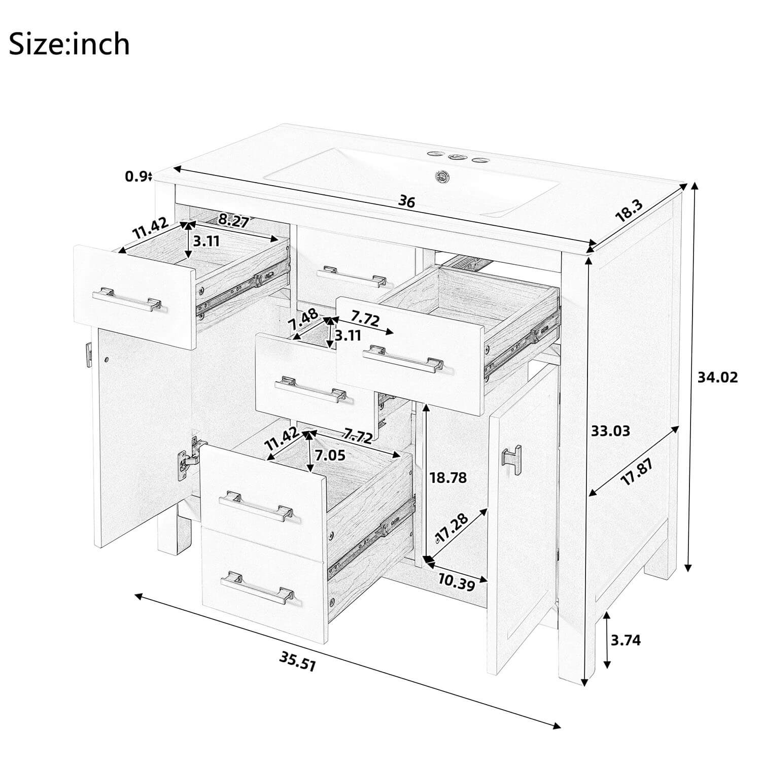 36" White Bathroom Storage Vanity with 3-Hole Ceramic Top
