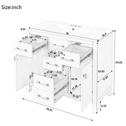 36" White Bathroom Storage Vanity with 3-Hole Ceramic Top