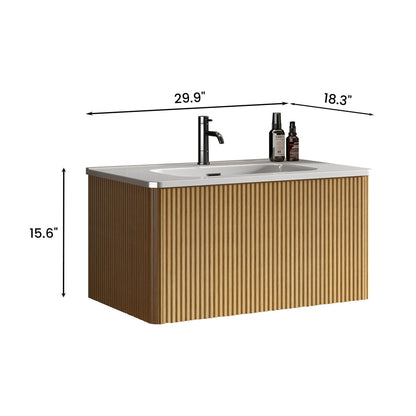 Dimensions and Specifications for a 30 inch Floating Oak Bathroom Vanity with Integrated Sink