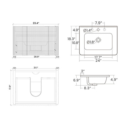 Dimensions and specifications for 24 inch striped black bathroom vanity with ceramic sink