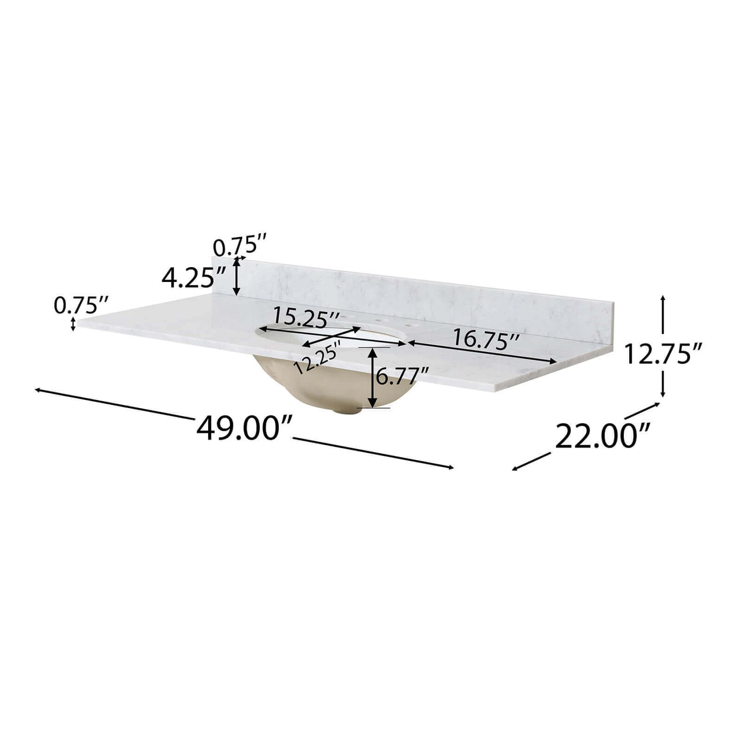 Dimensions and specifications for 49 inch single sink acacia wood vanity with marble top