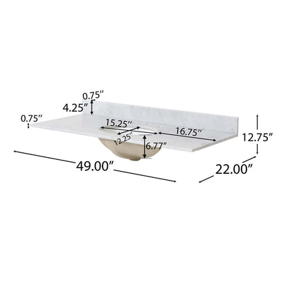 Dimensions and specifications for 49 inch single sink acacia wood vanity with marble top
