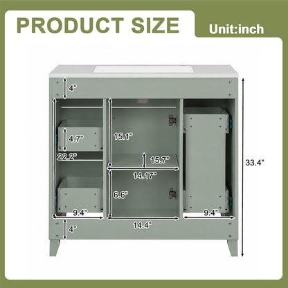 Dimensions and specifications for the back of the 36-inch green solid wood bathroom vanity.