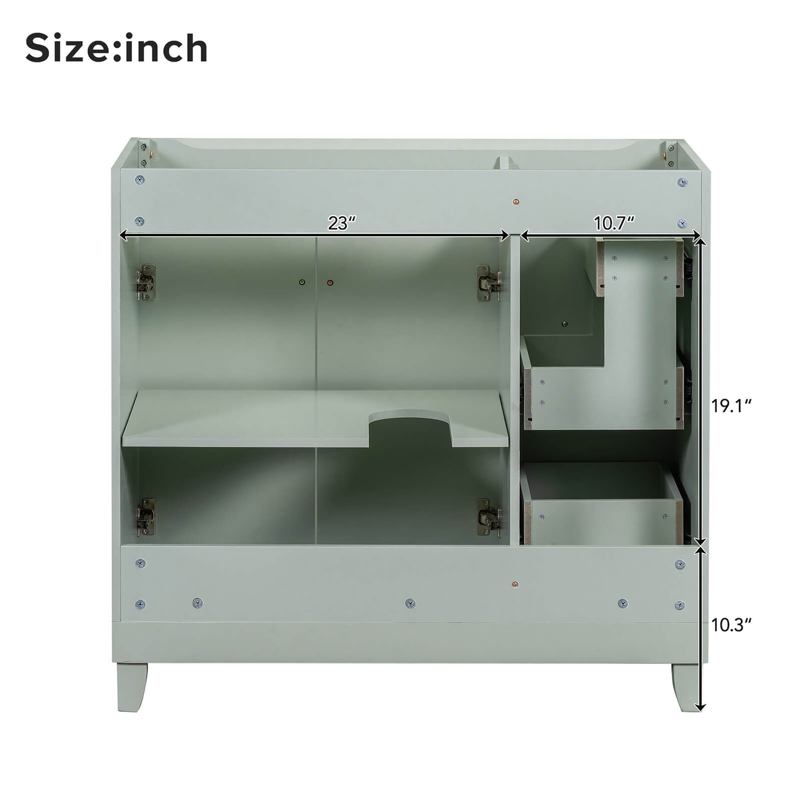 Dimensions of 36 inch back of bathroom vanity cabinet with adjustable shelves light sage green