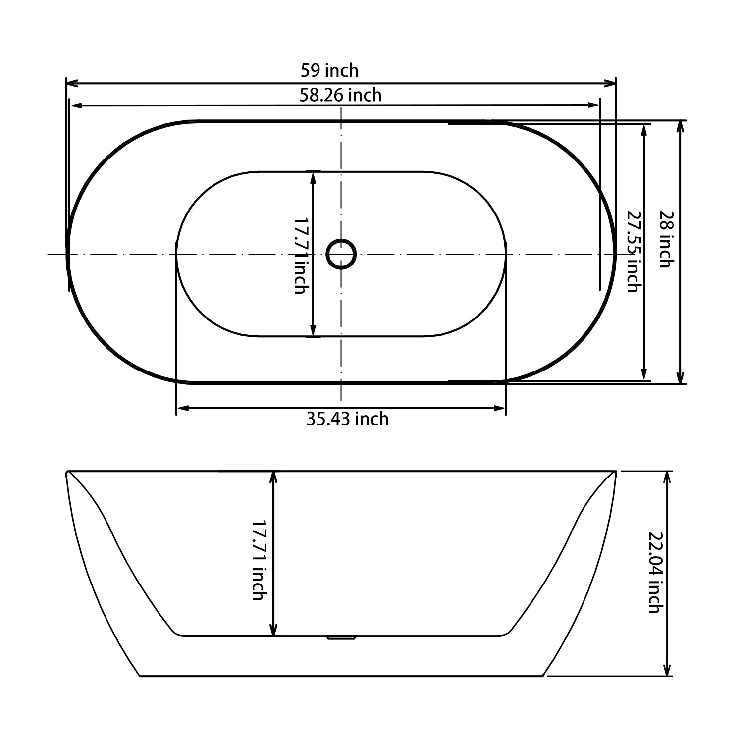 Dimensions of 59 inch Acrylic Freestanding Soaking Tub