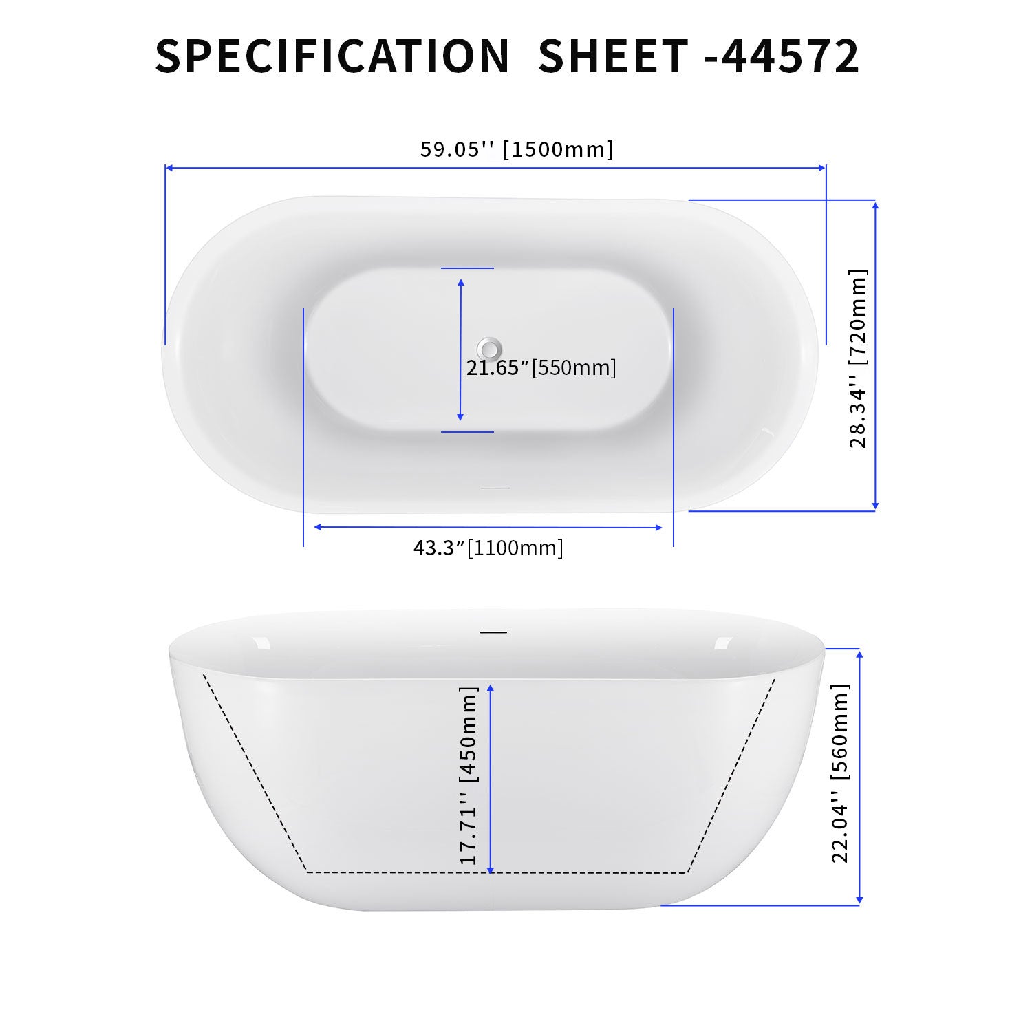 Dimensions of a 59-inch freestanding acrylic bathtub
