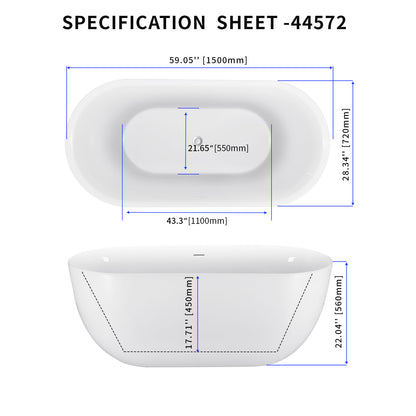 Dimensions of a 59-inch freestanding acrylic bathtub