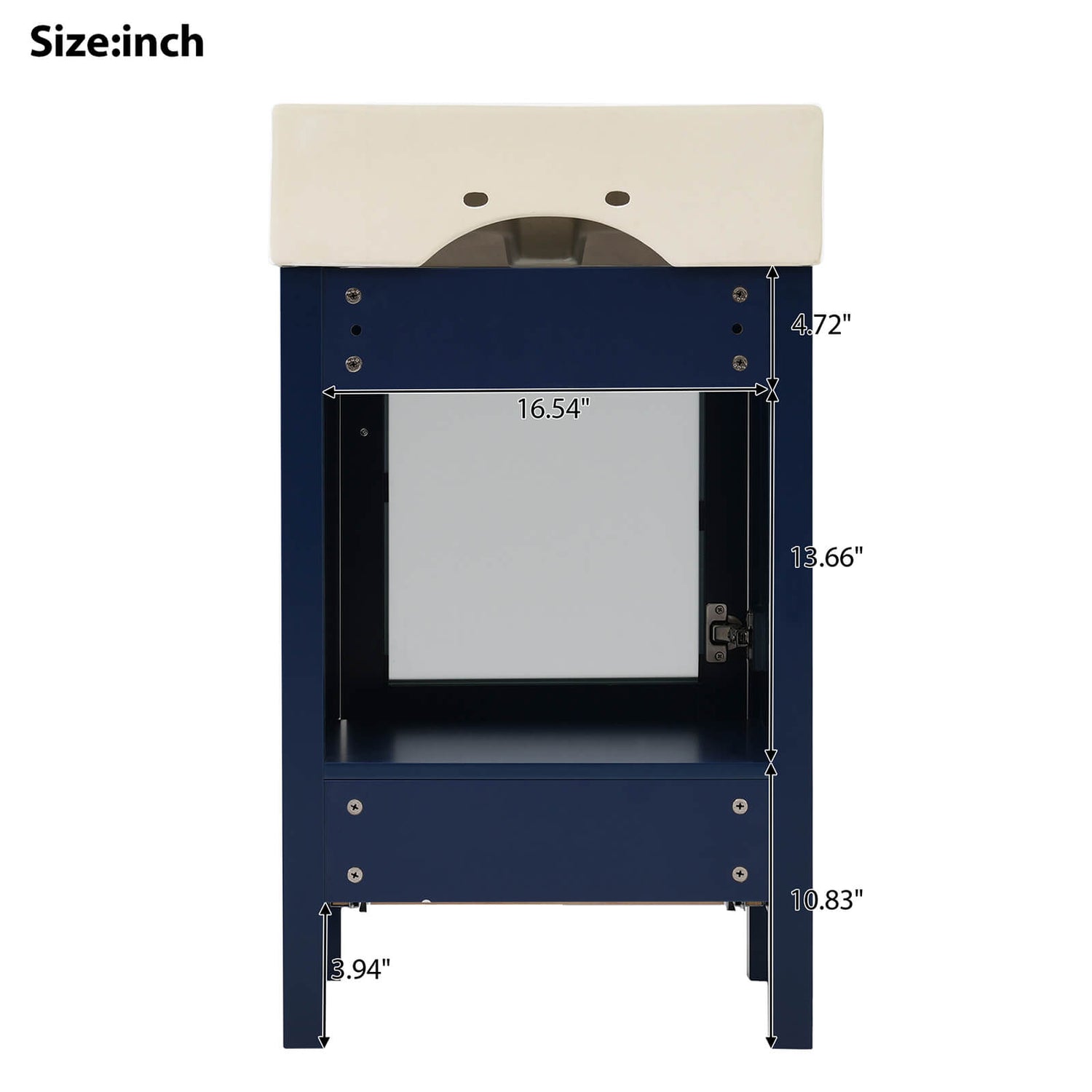 Dimensions of the back of a 20 inch blue dresser with frosted glass door