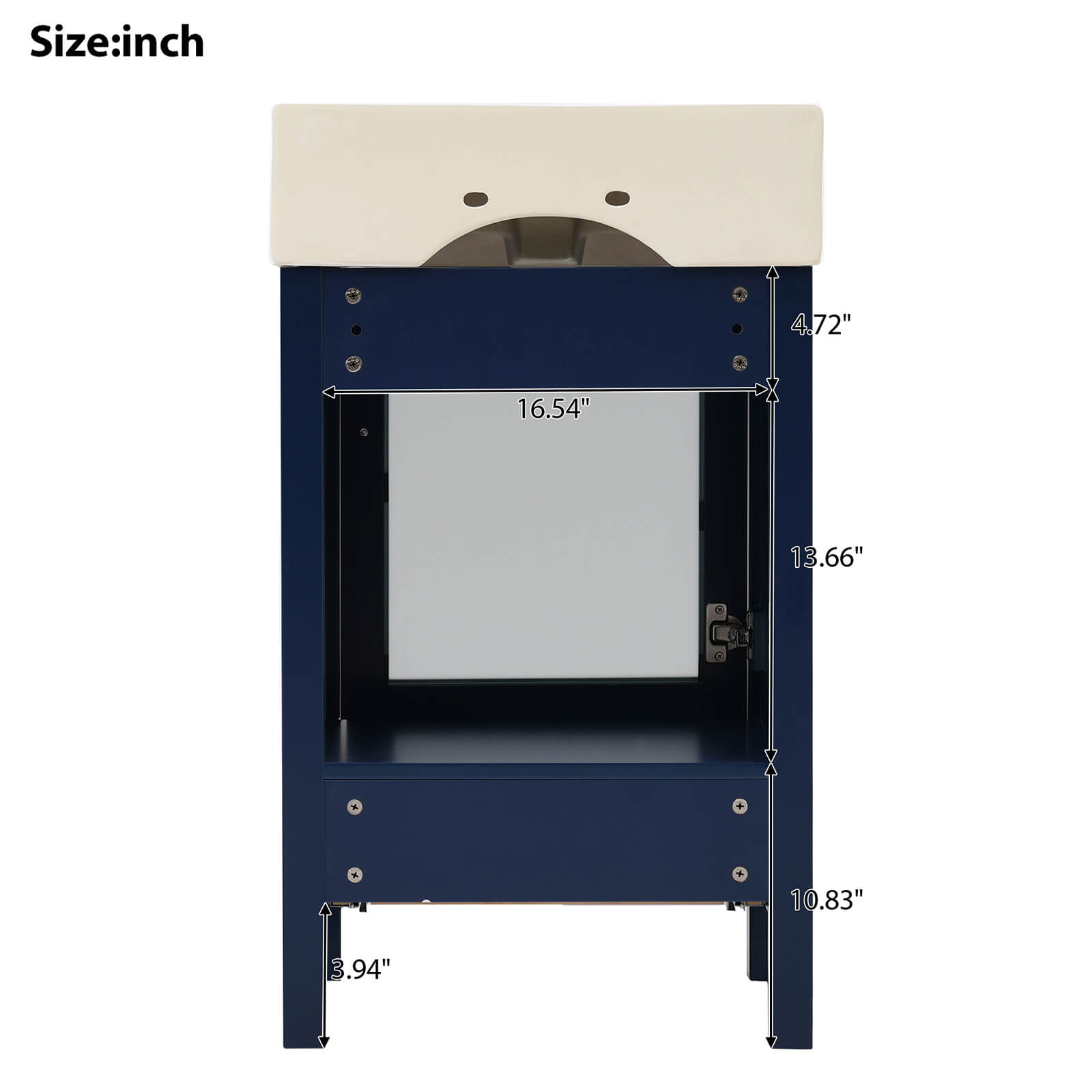 Dimensions of the back of a 20 inch blue dresser with frosted glass door