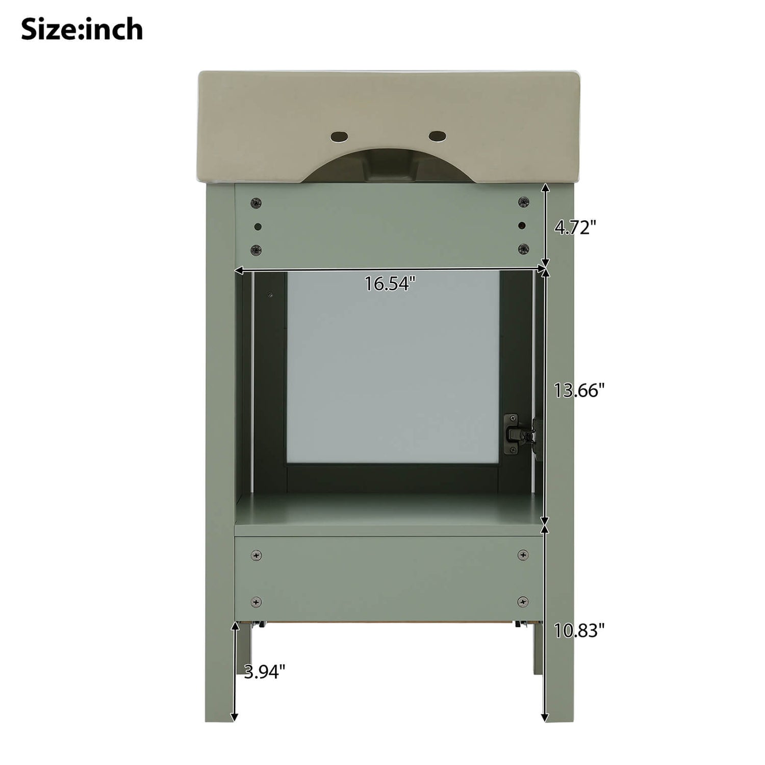 Dimensions of the back of a 20 inch green dresser with frosted glass door