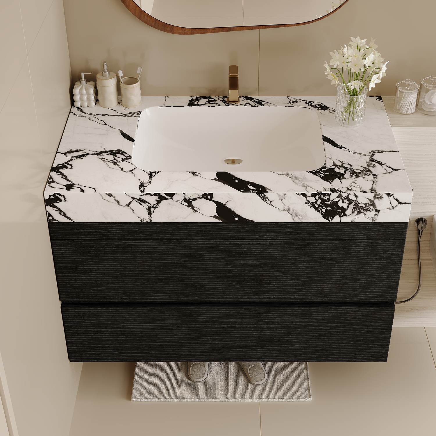 Direct Overhead Front View Black Floating Bathroom Vanity Faux Marble Top