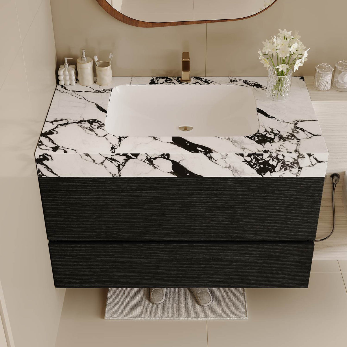 Direct Overhead Front View Black Floating Bathroom Vanity Faux Marble Top