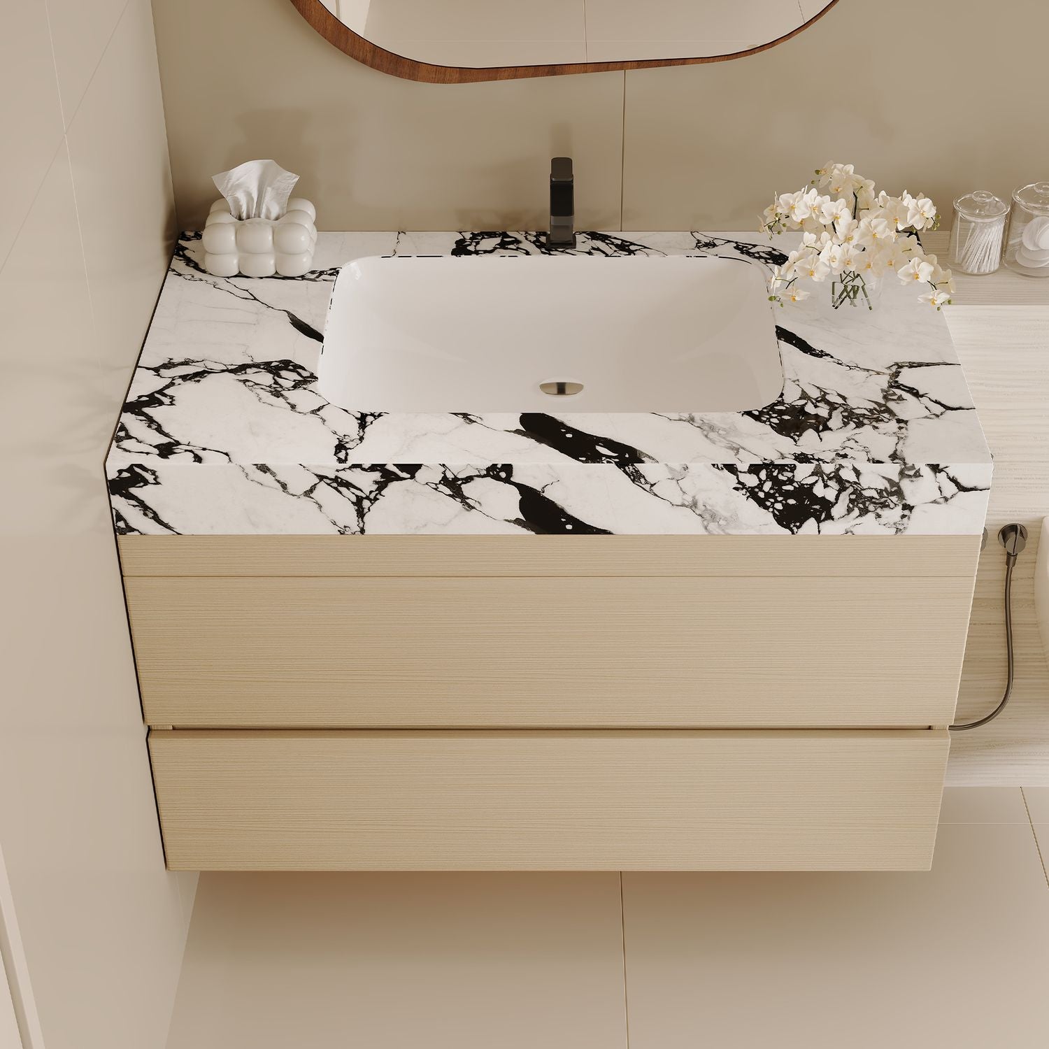 Direct Overhead View Marble Look Top Sink Surface Wood Floating Bathroom Vanity